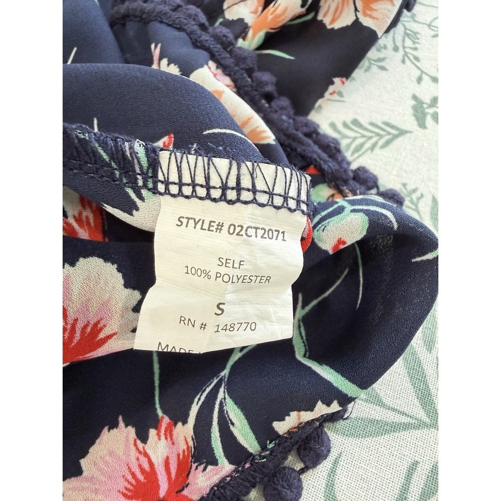 Sienna Sky Navy Floral Top Small V Neck Pom Pom Trim Sleeveless Boho - Picture 6 of 8